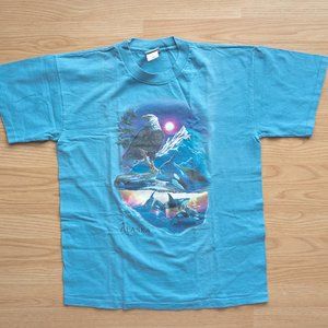 Vintage Alaska Bald Eagle Blue Men's T Shirt, Single Stitch, Size XL Made in USA